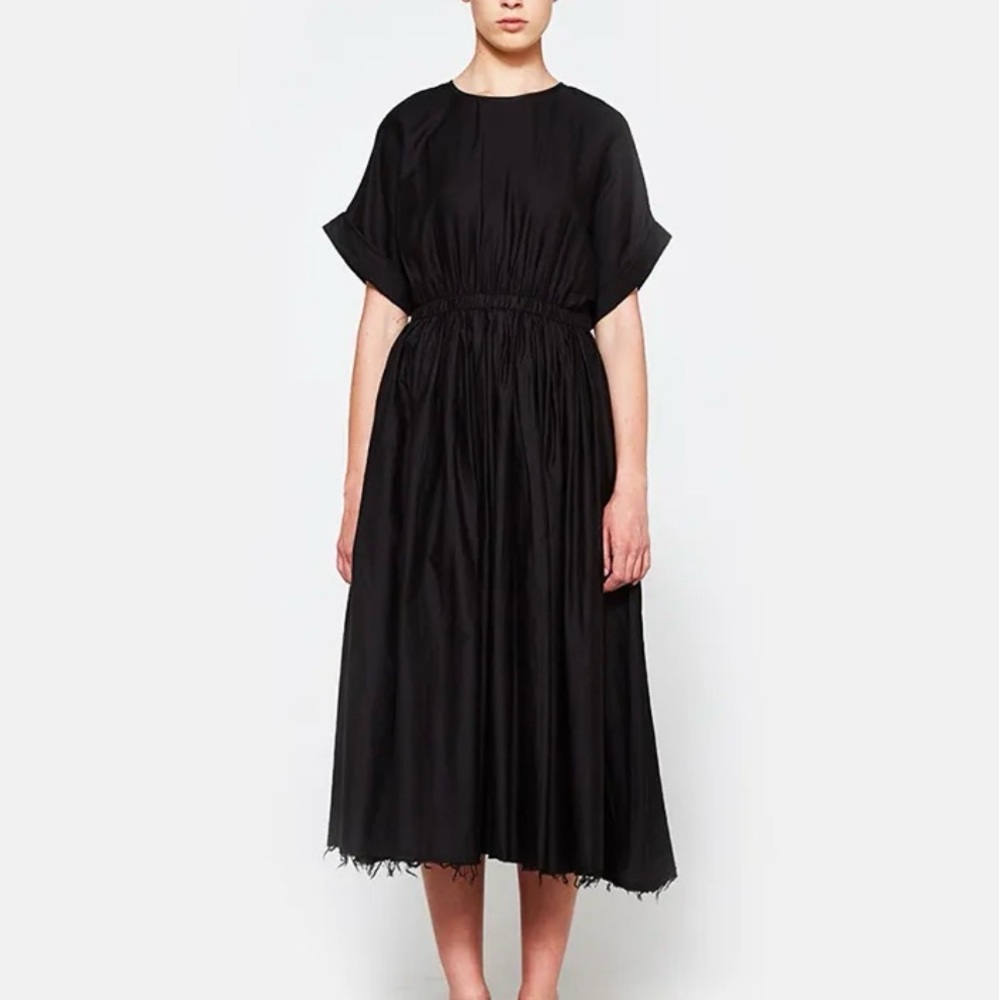 Black Crane Cotton Pleated Navy Dress